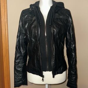 Brown or Black Faux Leather Double Zip Jacket with Hood